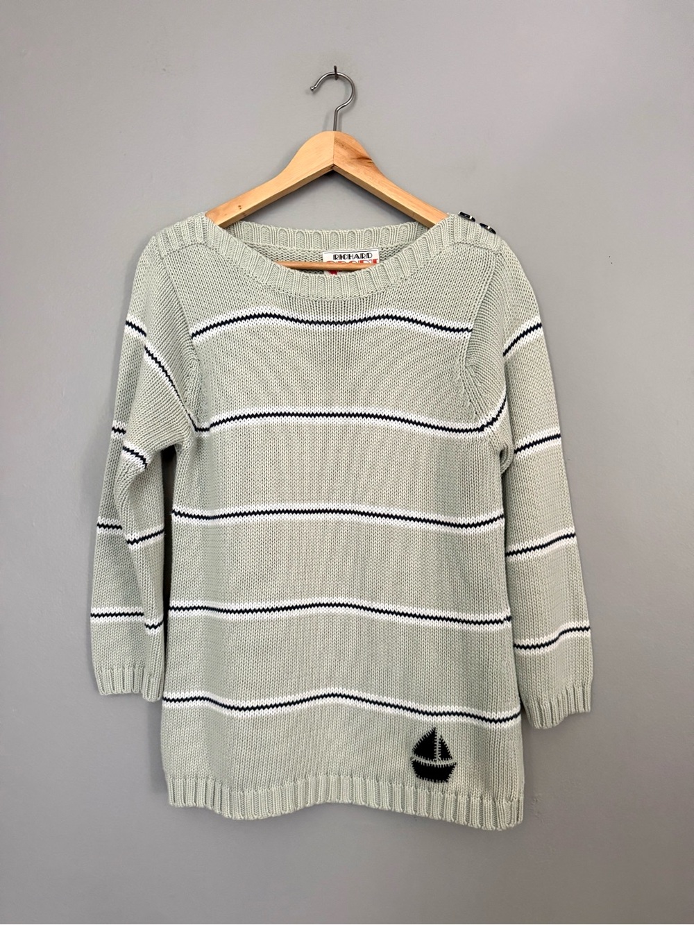 VTG Richard Sport Sage Nautical Striped Knit Sweater, 3/4 Sleeve, 100% Cotton